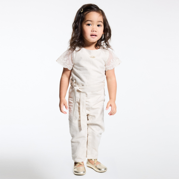 أفرول طويل بيج بألوان لامعة وأكمام قصيرة مطرز الفتيات الرضع